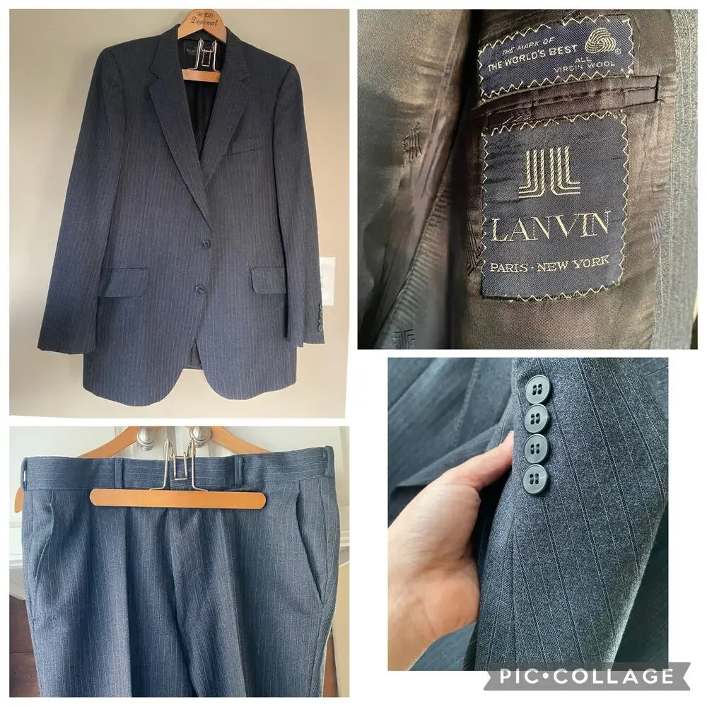 Vtg Lanvin Virgin Wool Pinstripe Suit Set Surgeon Cuff 40 R? / 35 x 31.5 Pants
